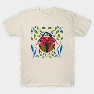 Whimsical Ladybug Insect Art with Flowers and Leaves T-Shirt